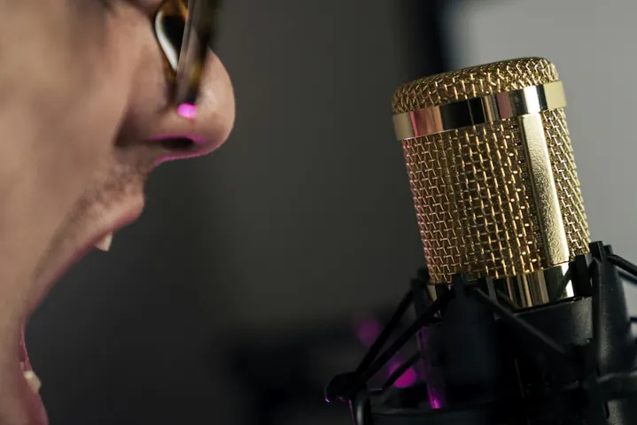 Close-up of a speaker at a microphone